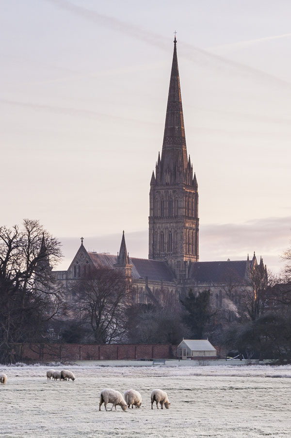 Salisbury Cathedral on a calm frosty morning